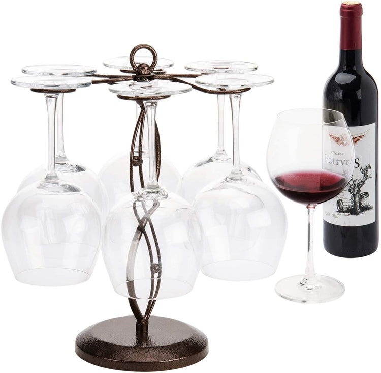 Bronze Metal Scrollwork Tabletop Stemware, Wine Glass Rack with 6 Hooks-MyGift