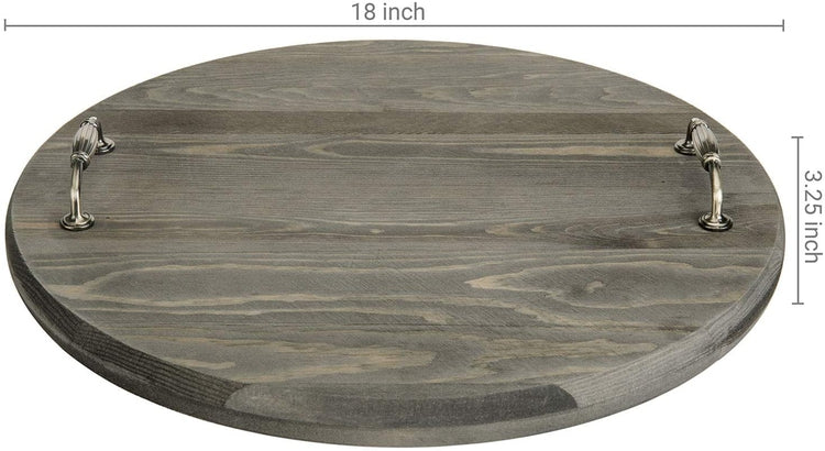 18 Inch Gray Wood Lazy Susan Turntable Serving Tray with Vintage Metal Handles-MyGift