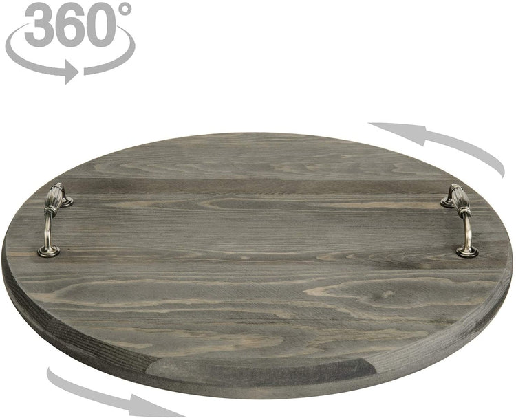 18 Inch Gray Wood Lazy Susan Turntable Serving Tray with Vintage Metal Handles-MyGift