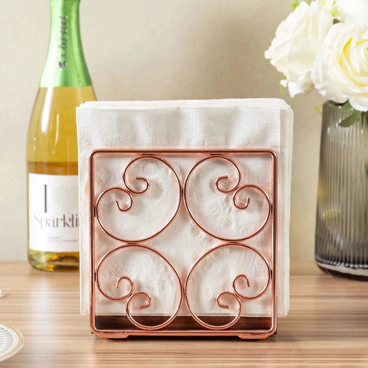 Copper Tone Metal Wire Napkin Holder with Burnt Wood Base, Upright Serviette Dispenser Rack with Scrollwork Design-MyGift