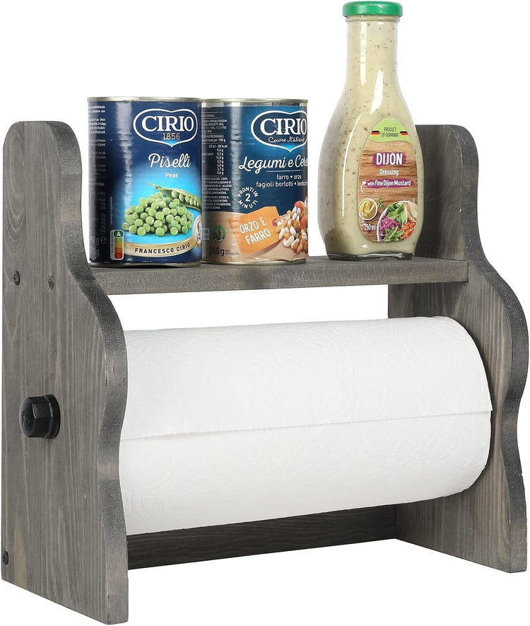 Weathered Gray Wood and Black Industrial Pipe Paper Towel Roll Holder  Dispenser with Shelf, Wall Mounted or Countertop Storage Rack