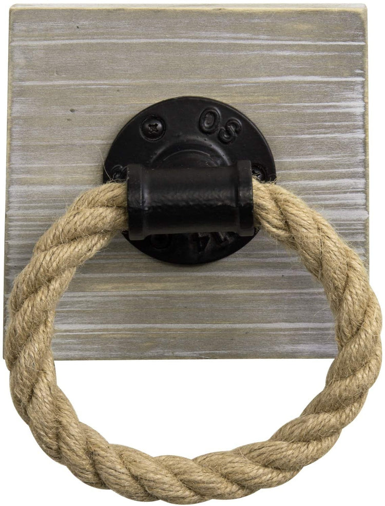 Brown Whitewashed Rustic Wood and Industrial Pipe Wall Mounted Rope Towel Ring-MyGift