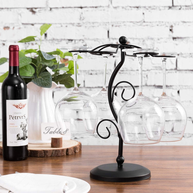 6-Hook Freestanding Black Metal Countertop Wine Glass Holder Rack, Stemware Tree Display Stand-MyGift