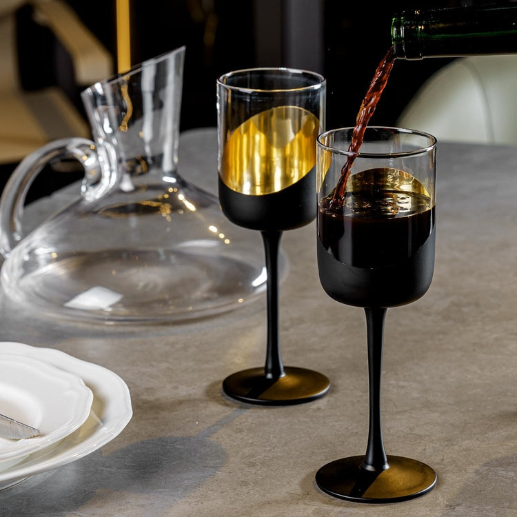 Set of 4, 14 oz Tilted Matte Black and Gold Tone Plated Round Stemmed Wine Goblet Glasses, Angled Dipped Stemware-MyGift