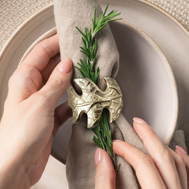 Set of 6, Leaf Napkin Rings, Brass Tone Cast Aluminum Napkin Holder with Foliage Design, Cloth Serviette Holders-MyGift