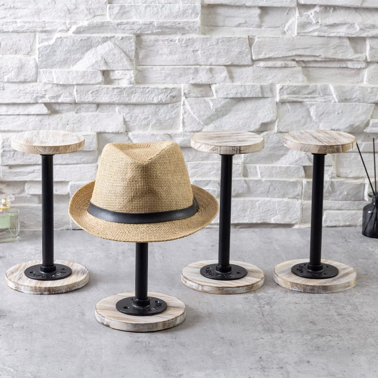 MyGift Tabletop Hat Stand, Shabby Chic White Washed Wood and Industrial Matte Black Metal Pipe Freestanding Hat Rack and Wig Holder, Set of 4
