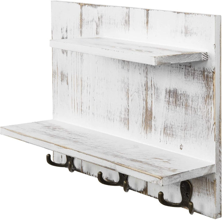 White Rustic Wood Wall Shelf With Hooks