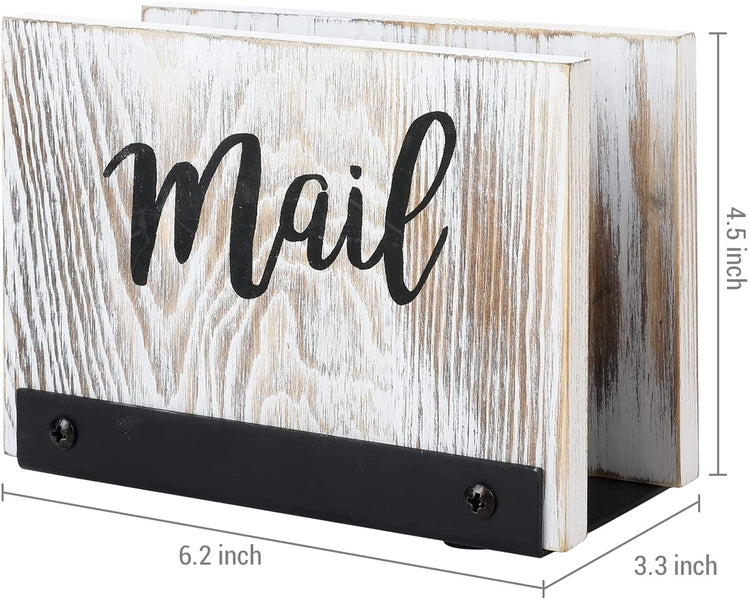 Mail Holder Letter Sorter, Desk Organizer in Whitewashed Wood and Matte Black Metal with MAIL Cursive Print-MyGift