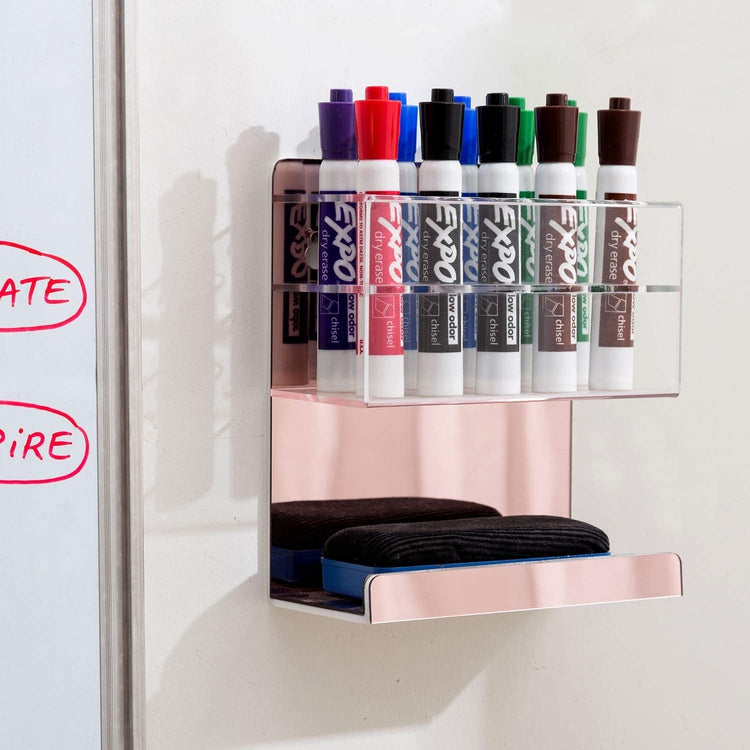 2-Tier Rose Gold Acrylic Wall Mounted 10-Slot Dry Erase Whiteboard Marker and Eraser Holder-MyGift