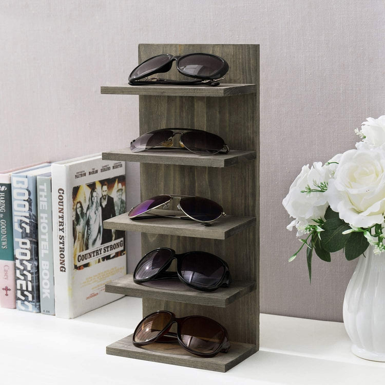 Vintage Gray Wood Wall Mounted Sunglasses Eyewear Organizer Holder Display Rack-MyGift