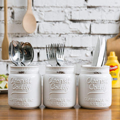 Ceramic Mason Jar Farmhouse Kitchen Decor – Kitchen Organization Mason Jars - Utensil Holder, Cookie Jar for Kitchen Counter & Flour Jar - Vintage