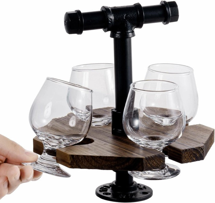 Brown Wood and Black Metal Serving Beer Whiskey Flight Set Tray