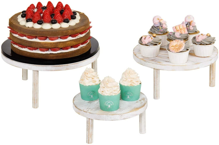 Set of 3 Round Whitewashed Wooden Cake Stand Display Risers-MyGift