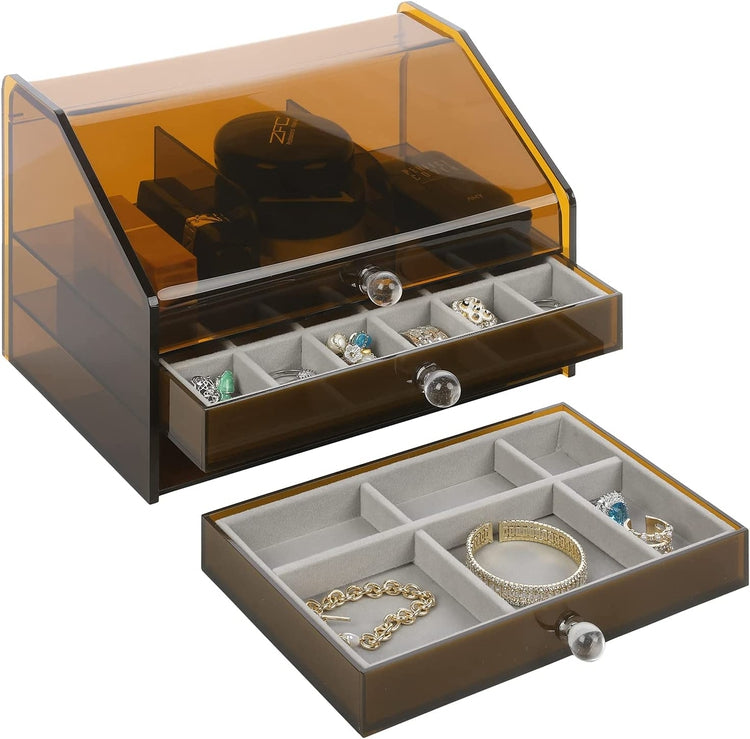 Black Acrylic Jewelry Box, Art Deco Mirrored Brass Tone Storage