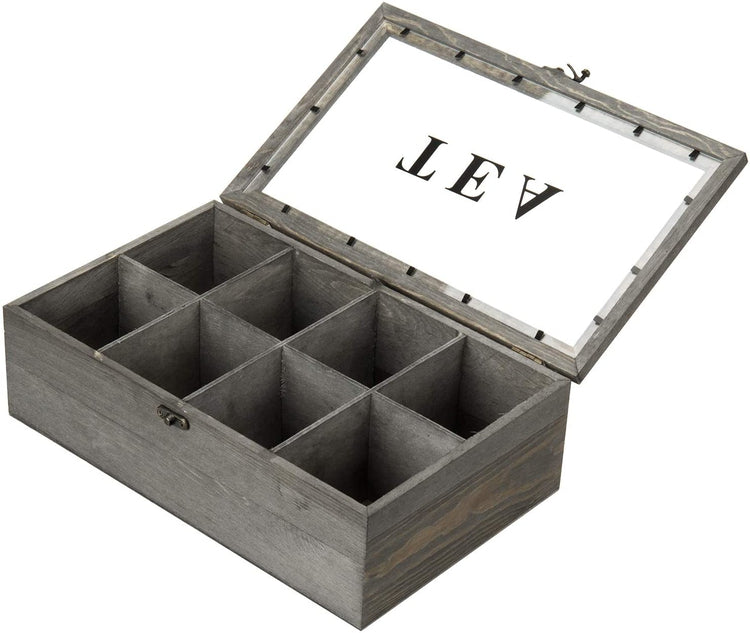 8 Compartment Gray Wood Tea Bag Storage Box Chest with Clear Acrylic Lid-MyGift