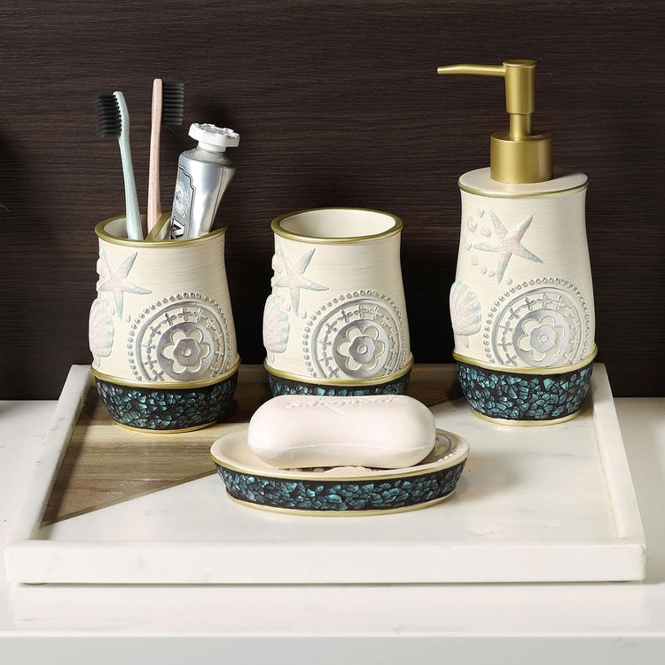 Coastal Style 4 Piece Bathroom Accessories Set with Embossed Seashell Starfish Design-MyGift