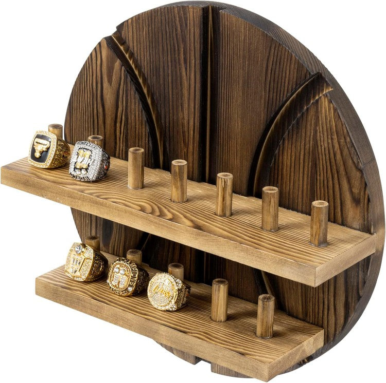 2 Tier Wall Mounted Brown Wood Sports Championship Ring Holder, Jewelry Storage Display-MyGift