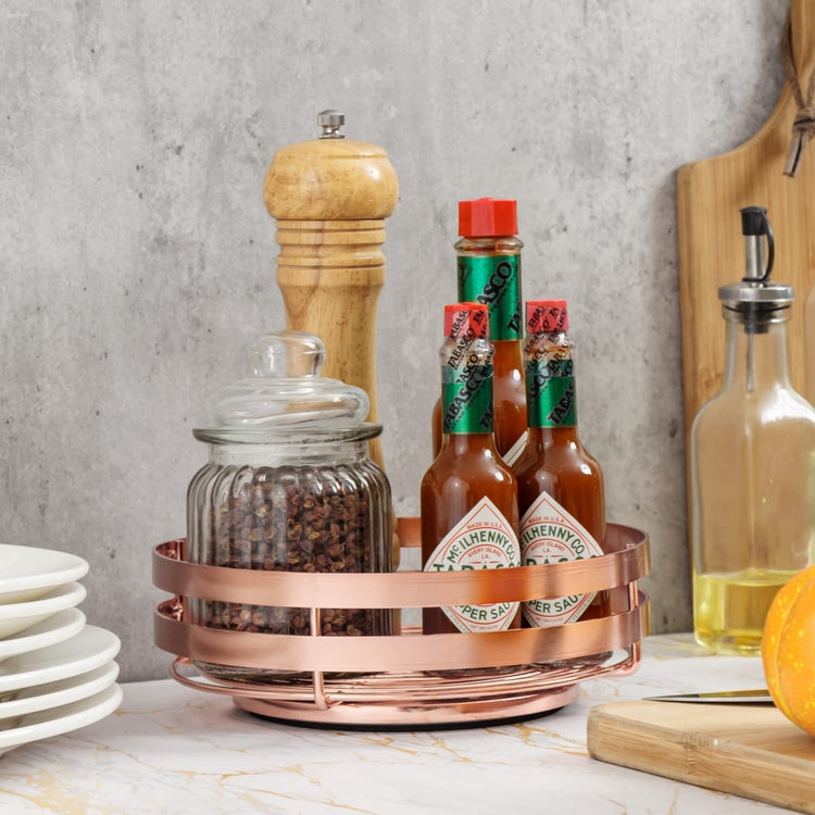 3 Tier Copper Wire and Burnt Wood Countertop Spice Bottle Rack