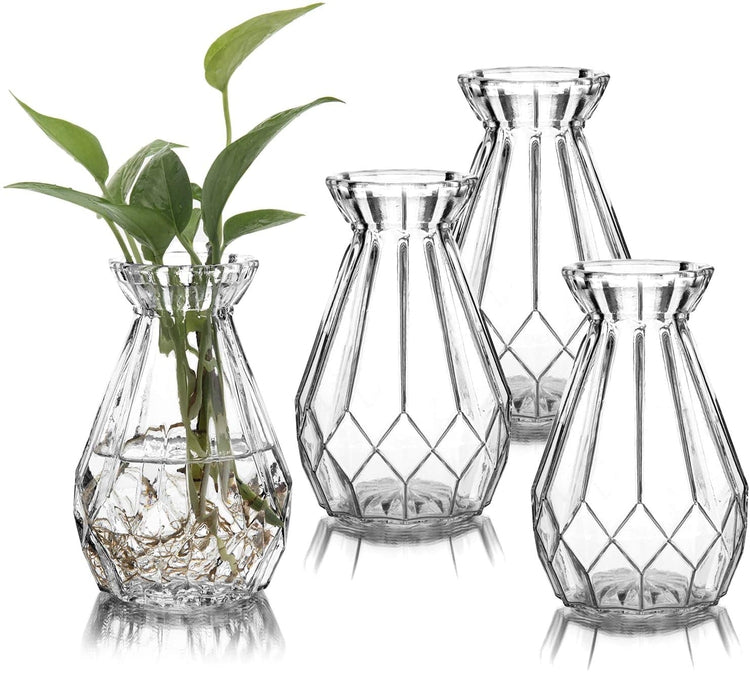 MyGift Set of 6 Decorative Diamond Faceted 6 Inch Clear Glass Flower Vases