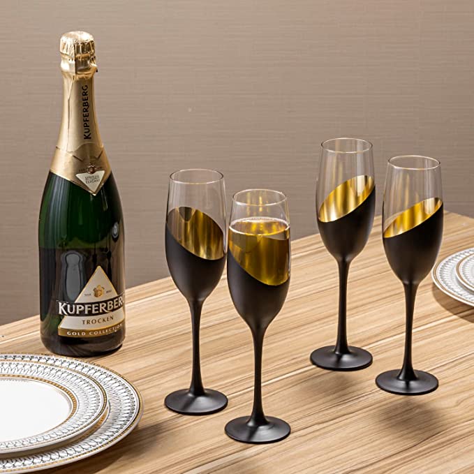 Set of 6 Stemmed Champagne Flute Glasses with Matte Black and Gold Plated Design, 8 oz-MyGift