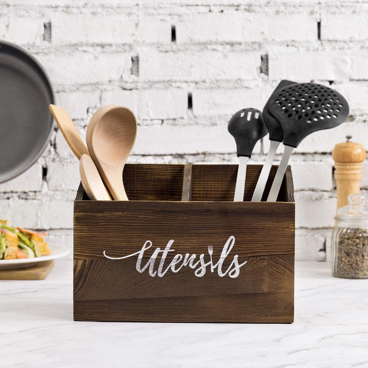 Dark Brown Wood Cooking Utensil Caddy with Cursive "Utensils" Text-MyGift