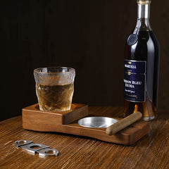 Wood Cigar Holder with Silver Metal Ashtray and Scotch Glass