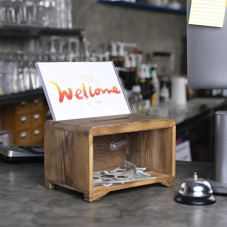 Wood Donation Collection Box with Lock, Tip Suggestion or Comment Card Box with Chalkboard and Clear Acrylic Sign Holder-MyGift