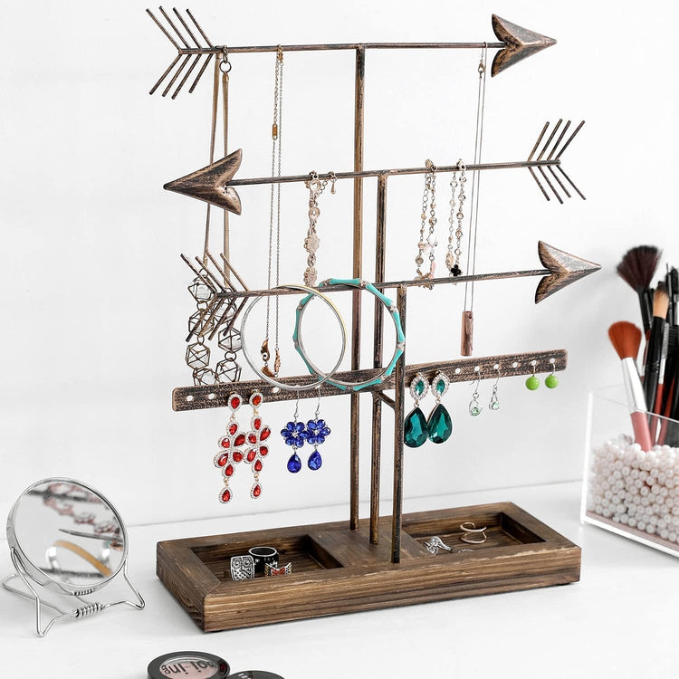 3 Tier Bronze Metal Arrows Design Jewelry Holder Rack, Earring and Necklace Tower with Burnt Wood Ring Dish Tray-MyGift