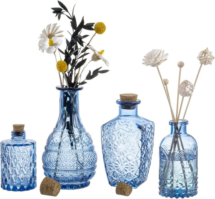 Set of 4, Small Blue Glass Reed Diffuser Bottles, Embossed Apothecary Style Flower Bud Vases with Cork Lids-MyGift