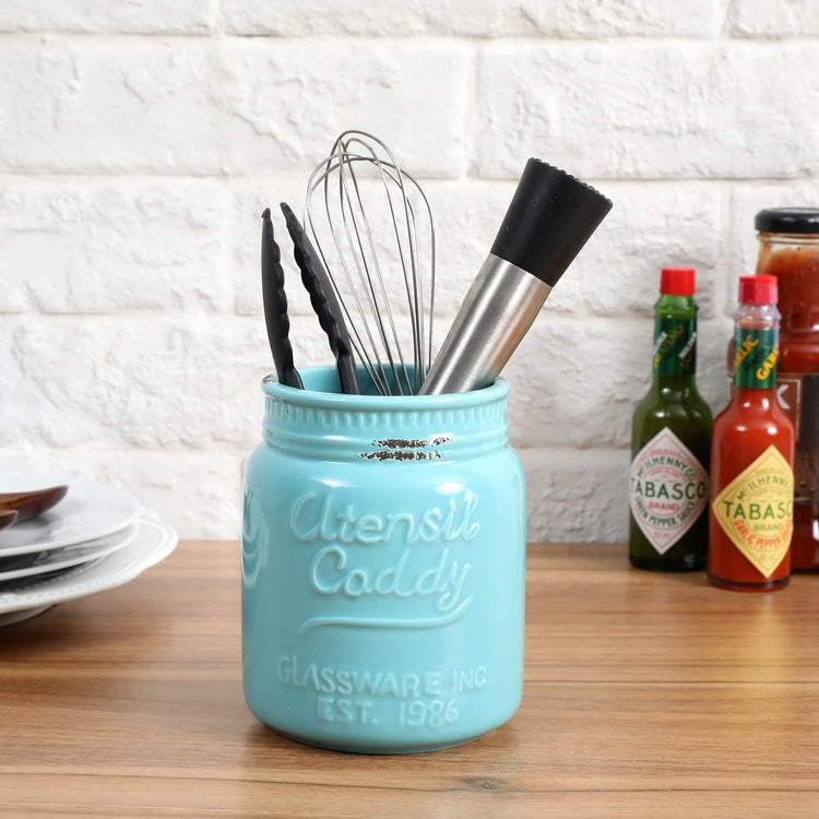 Set of 3, Aqua Ceramic Embossed Mason Jar Kitchen Utensil Flatware Caddy-MyGift