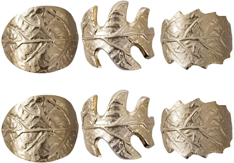 Set of 6, Leaf Napkin Rings, Brass Tone Cast Aluminum Napkin Holder with Foliage Design, Cloth Serviette Holders-MyGift