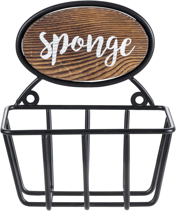 MyGift Burnt Wood and Industrial Black Metal Kitchen Sponge Holder with Cursive “Sponge” Label