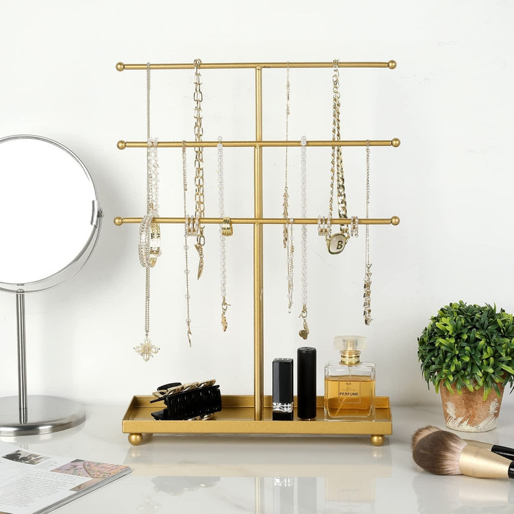 Tiered Brass Tone Metal Tabletop Jewelry Tower, Necklace Hanger, Earri ...