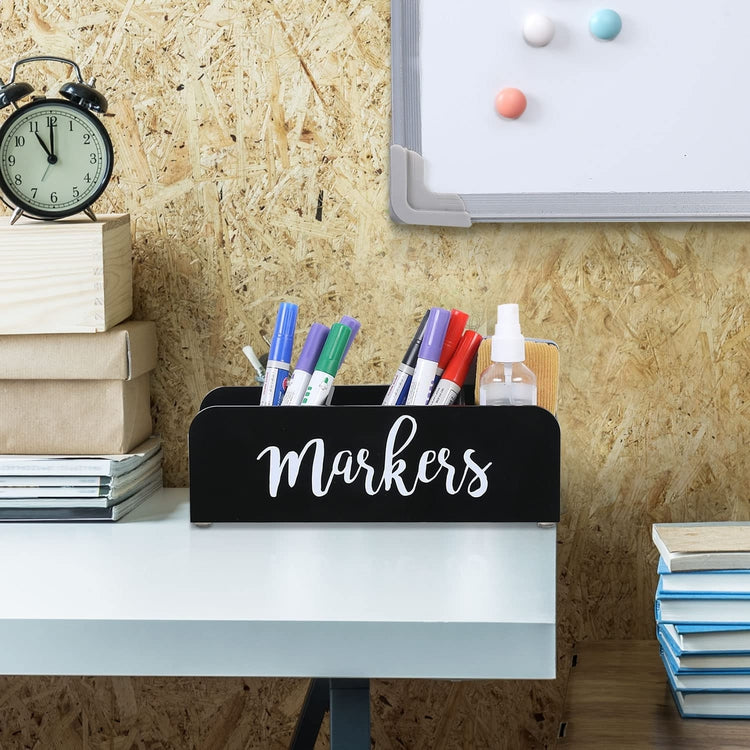 Whiteboard Marker Holder, Black Acrylic Wall Mounted or Tabletop Marker, Eraser, Cleaner Caddy with Cursive MARKERS Sign-MyGift