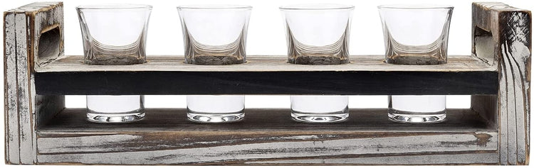 New Wooden Shot Glass Holder With Four Shot Glasses and Assorted