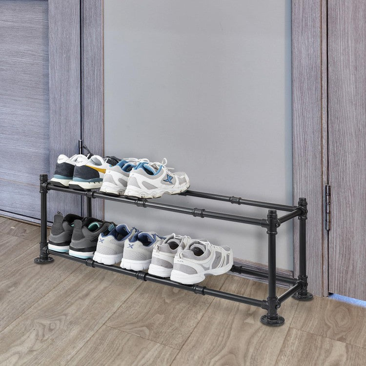 Tiered Matte Black Metal Pipe Freestanding Expanding Shoe Rack, Customizable Footwear Storage Organizer, Holds 8 Pairs-MyGift