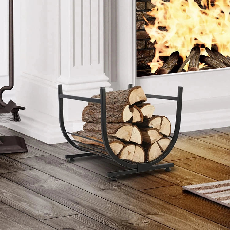 Industrial Firewood Rack, Matte Black Metal Freestanding U-Shape Log Holder, Compact Fireplace Storage Firewood Caddy-MyGift