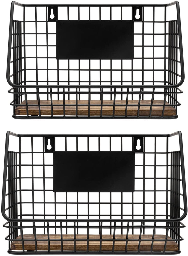 Wall Mounted or Tabletop Black Metal Wire and Burnt Wood Small Decorative Storage Baskets, Set of 2