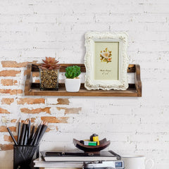 MyGift Wall Mounted Solid Burnt Wood Display Shelf with Brass Tone Wire Frame, Decorative Entryway Floating Wall Shelf