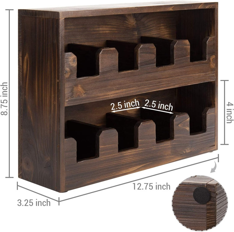 8-Compartment Rustic Dark Brown Burnt Wood Tea Bag Holder Shelf