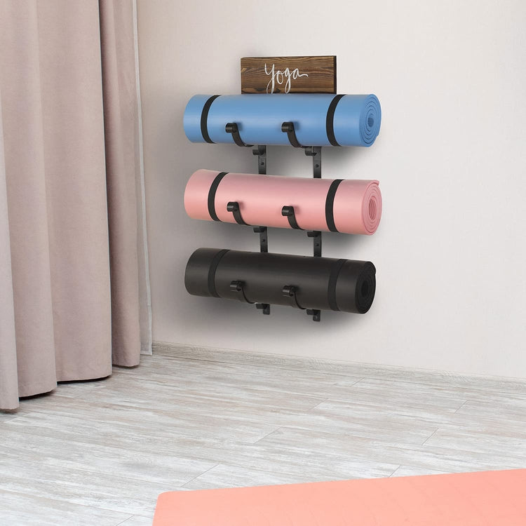 Wall Mount Yoga Mat Holder & Foam Roller Rack With Hooks for Hanging 5  Sectional Black 