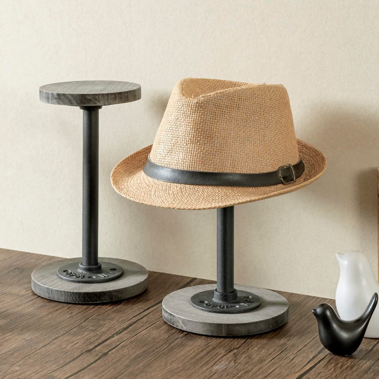 Weathered Gray Wood Hat Stand with Industrial Black Metal Pipe Tabletop Wig Holder Rack Pedestal Riser Set of 2