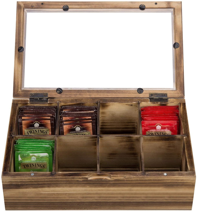 Burnt Wood Tea Bag Storage Box with 8-Compartments, Clear Display Lid, and Magnetic Closure-MyGift