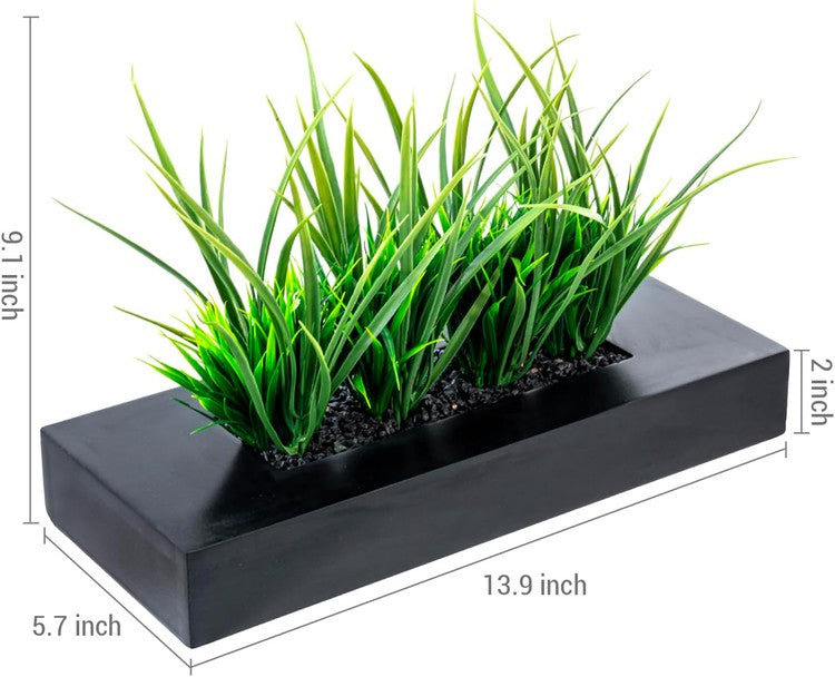 Artificial Green Grass Plants in Matte Black Wood Decorative Planter, Tabletop Rectangular Plant Pot-MyGift