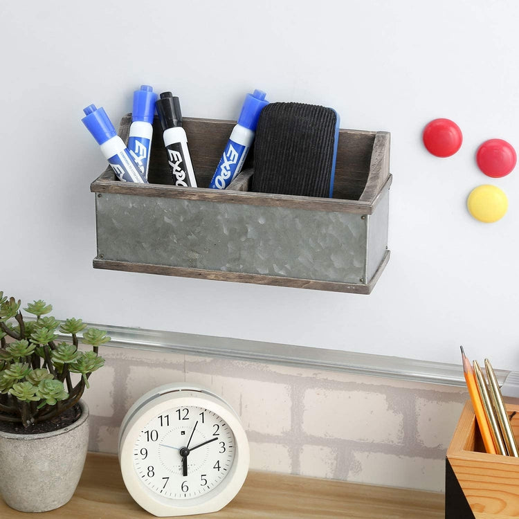 Magnetic Reclaimed Style Wood and Galvanized Metal Dry Erase Whiteboard Marker Rack, Home Office Supplies Organizer Box-MyGift