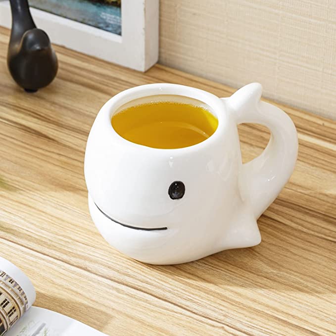 White Ceramic Whale Shaped Coffee Mug with Handle and Smiling Whale De –  MyGift