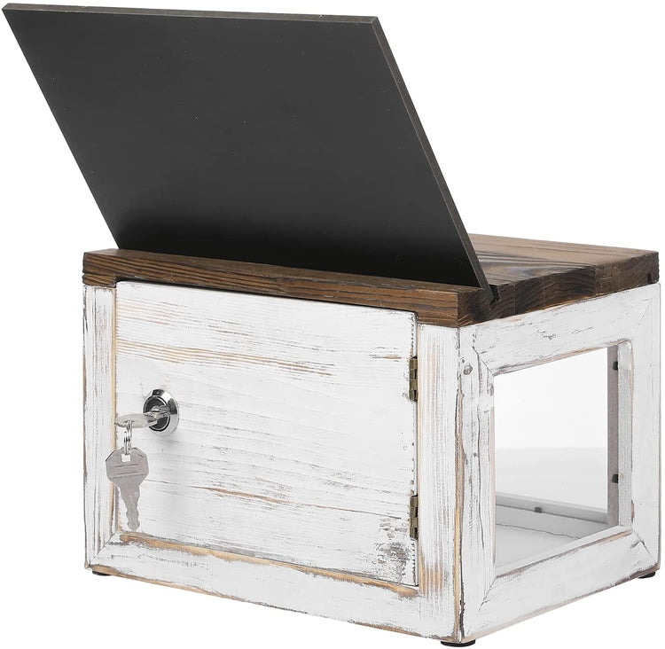 Whitewashed and Burnt Wood Collection Donation Box, Tip, Comment Box with Chalkboard and Clear Sign Holder-MyGift