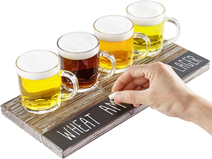 Torched Wood Beer Flight Board with 4 Beer Mugs and Erasable Chalkboar –  MyGift