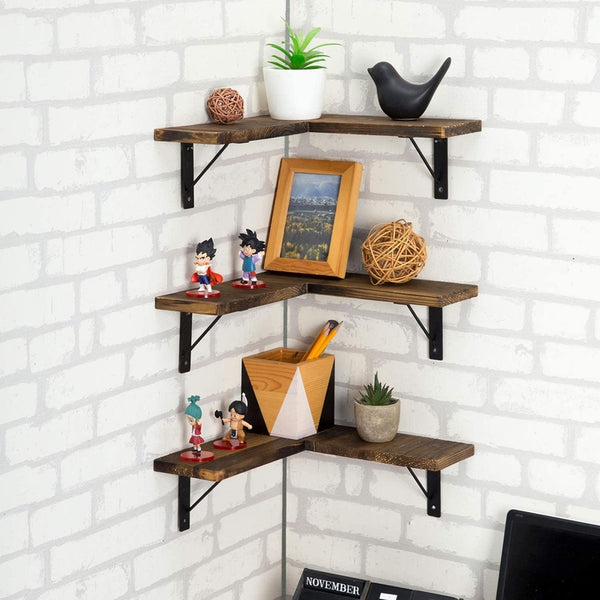 Set of 3 Rustic Burnt Wood & Black Metal Corner Display Shelves – MyGift