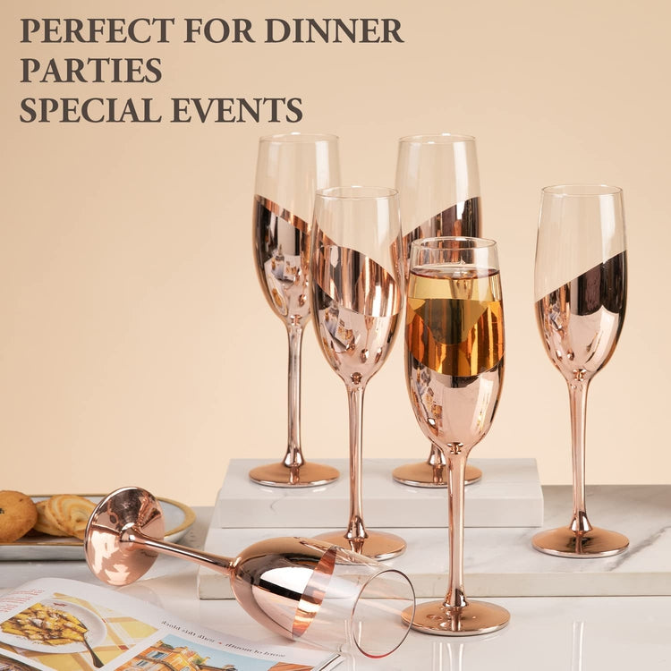 Set of 6, Stemmed Champagne Flute Glasses in Rose Gold-Tone Finish-MyGift